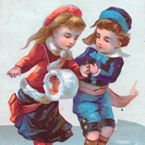 Boy and girl skating on a Christmas card
