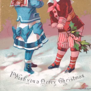 Boy and girl in the snow on a Christmas card