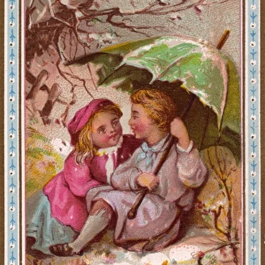 Boy and girl in the snow on a Christmas card