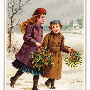 Boy and girl in the snow on a New Year card
