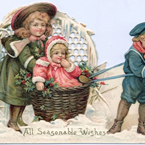 Boy and two girls in the snow on a cutout Christmas card