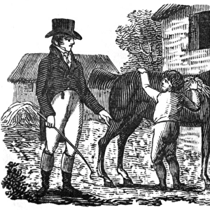 Boy grooming a horse for a gentleman, c. 1800
