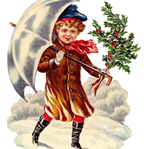 Boy with holly on a Victorian Christmas scrap