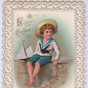 Boy with model boat on a New Year card