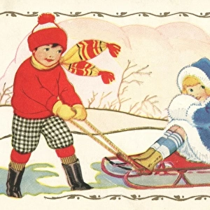 Boy pulling his sweetheart on a sledge