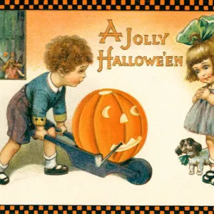 Boy wheeling Jack O Lantern in a cart to a dotinggirl Date: 1910