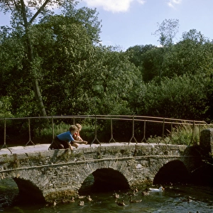 Two boys on a bridge, feeding ducks, Bibury, Gloucestershire