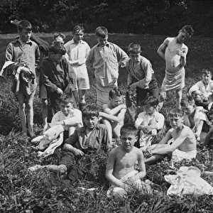 Boys Club, swimming and relaxing by river, 1927