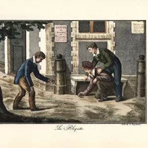 Boys playing marbles on a street corner