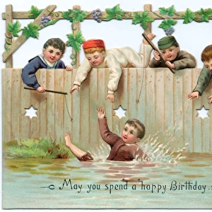 Five boys, one swimming, on a birthday card