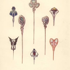 British art nouveau hair pins in silver, gold and enamel