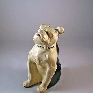 British bulldog with Bow, Bow, Bow around his neck