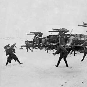 British gunners snowballing, Western Front, WW1