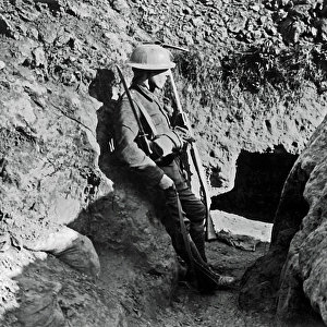 British soldier standing sentry in a trench, WW1