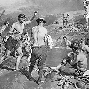 British soldiers bathing in flooded shell hole by Matania