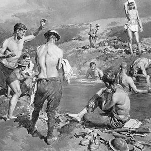 British soldiers bathing in flooded shell hole by Matania