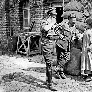 Two British soldiers chat with millers daughter, WW1