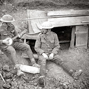 British soldiers outside dugout, Western Front, WW1
