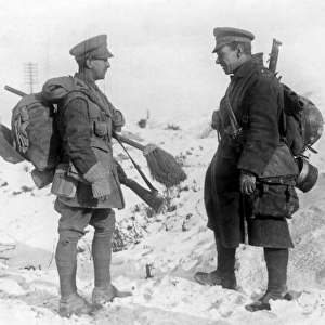 Two British soldiers in the snow, Western Front, WW1