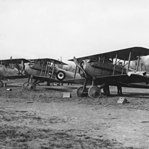 British Spad VII biplanes on an airfield, WW1