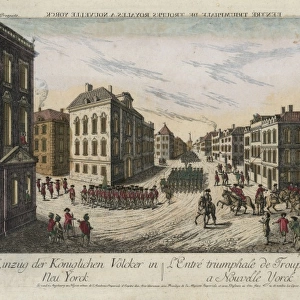 British troops marching down street in New York City, New Yo