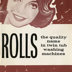 Brochure cover for Rolls Twin Tub washing machines, featuring the smiling face of a happy