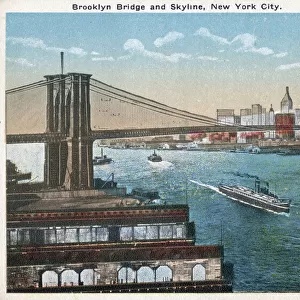 Brooklyn Bridge and Skyline - New York City, USA. Date: circa 1920