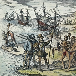 BRY, Theodor de (1528-1598). Columbus Landing