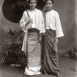 Burmese girls with parasol, Burma (Myanmar) circa 1890