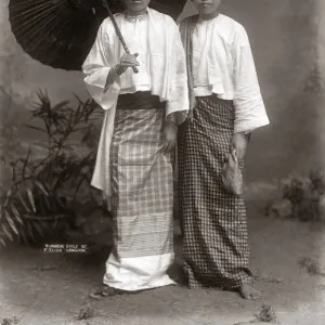 Burmese girls with parasol, Burma (Myanmar) circa 1890