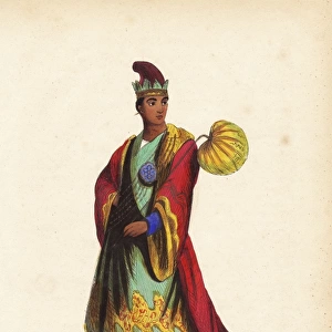 Burmese nobleman in embroidered robes, hat, and slippers