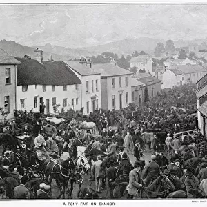 Busy scene during a pony fair on Exmoor, Devon. Date: 1897