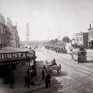 c. 1880s Australia, street scene in Adelaide with trams and hackney carriages