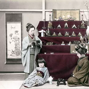 c. 1880s Japan - girls with display stand for statues