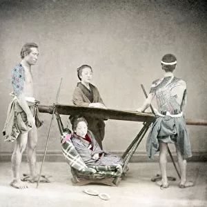c. 1880s Japan - woman in sedan chair tattooed bearers