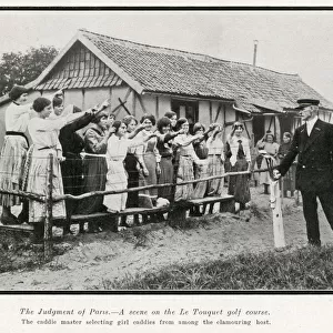 Caddie master selecting girl caddies at Le Touquet, 1914