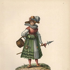 Camp follower from the 17th century, with lance and basket