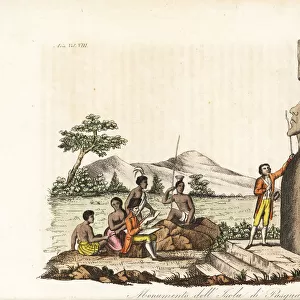Captain James Cook examining the Moai statues