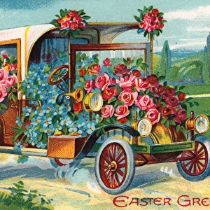 Car full of flowers on an Easter postcard