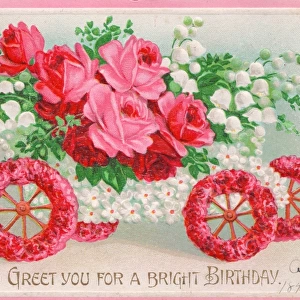 Car full of pink and white flowers on a birthday postcard