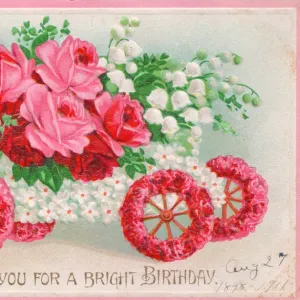 Car full of pink and white flowers on a birthday postcard