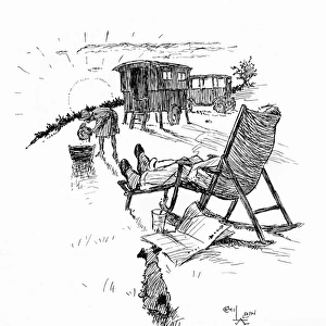 Caravanning scene with dog and deckchair
