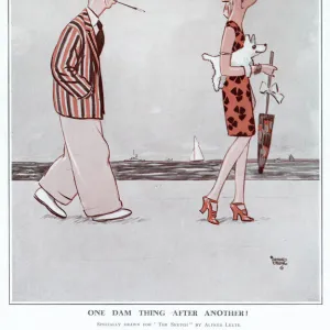 Cartoon by Alfred Leete showing a fashionable 1920s couple walking along a beach