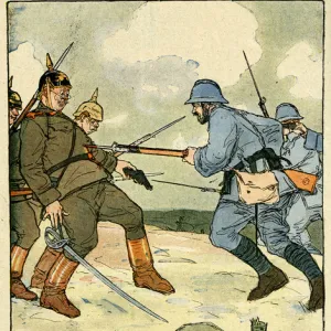 Cartoon, French and German soldiers, WW1