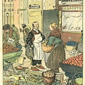 Cartoon, French street market, WW1