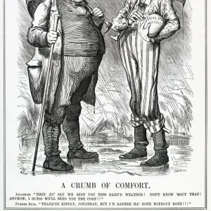 Cartoon, John Bull is forced to accept American aid from Uncle Sam. Date: 1879