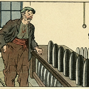 Cartoon, Men in munitions factory, WW1