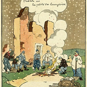 Cartoon, Older soldiers round the campfire, WW1