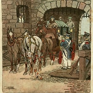 Cartoon, passport control in the old days