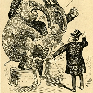 Cartoon, ringmaster and performing elephants